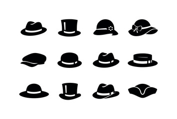Classic fashion hats. Solid icon set of classic fashion hats: elegant fedora, formal top hat, vintage women hat, ribbon hat, old fashion cap,