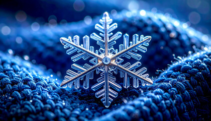 A macro shot of a delicate ice crystal snowflake resting gently on a soft, knitted blue wool fabric, evoking feelings of winter comfort and cold weather beauty.