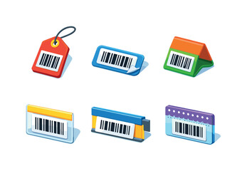 Fototapeta premium Colorful Barcode Labels. Barcode price tags. Isometric flat vector icons set of barcode price tags: hanging retail price tag with barcode, adhesive barcode