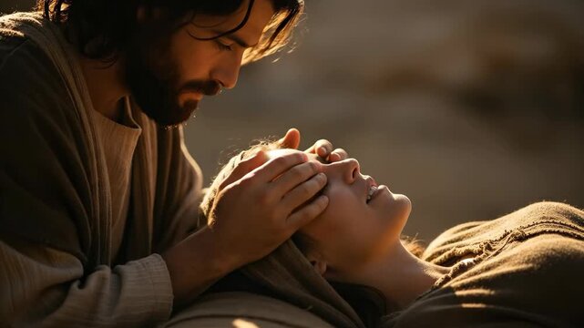 Man healing a woman with a gentle touch. Jesus Christ performing a miracle or blessing someone. Representation of divine power and faith.