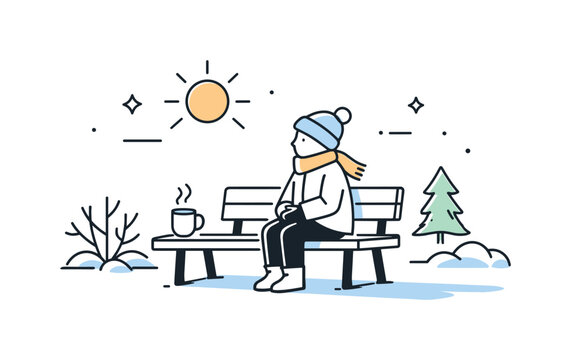 Low winter sunlight. A minimal outdoor bench scene touched by low sunlight, suggesting pause and calm during a cold day. Gentle shadows
