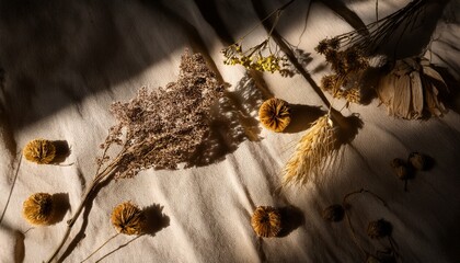 Dried Botanical Specimens Cast Dramatic Shadows Upon Rumpled Fabric Under Directional Light