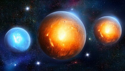Three Glowing Celestial Bodies In A Dark Nebula Cosmic Space Scene