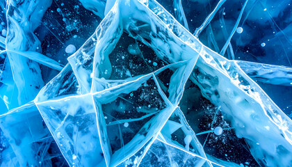 Stunning close-up view of intricate ice formations with deep blue cracks and trapped air bubbles, showcasing the captivating natural artistry of a frozen winter landscape.