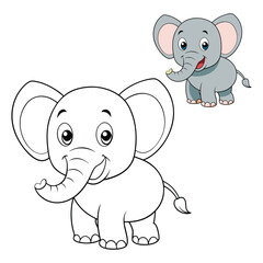 Obraz premium Cartoon Baby Elephant Coloring Page – Cute Gray Animal with Pink Ears, Smiling Face, Curved Trunk in Outline and Colored Version