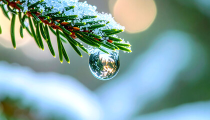 A close-up shot of a vibrant green pine branch adorned with delicate snow, featuring a pristine water droplet reflecting a miniature forest scene