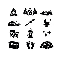 Obraz premium Coastal Bonfire Icons. Coastal Bonfire Nights. Solid icon set of Coastal Bonfire Nights: beach bonfire, friends around fire, sand dunes, ocean