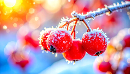 Frosted red berries sparkle with ice crystals against a vibrant winter sunrise, creating a beautiful and colorful natural scene.