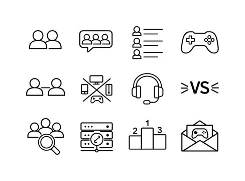 Multiplayer Game Icons. Multiplayer games. Line icon set of Multiplayer games: player avatars, team chat bubble, online friends list, game controller, dual