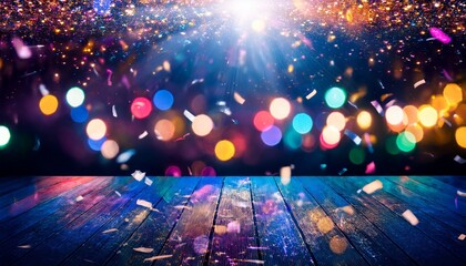 Dramatic Nightclub Celebration Background With Vibrant Lights And Sparkling Confetti Creating An Energetic Atmosphere Perfect For Festive Events And Celebrations With Copy Space