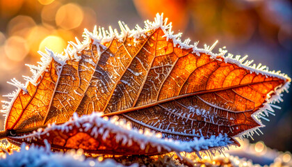 A single autumn leaf covered in delicate white frost glistens with warm golden light from the rising sun on a crisp winter morning.