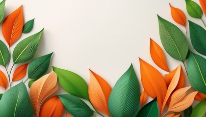 Vibrant Flat Design Botanical Background With An Assortment Of Stylized Green And Orange Leaves Creating A Natural Airy Border For Copy Space