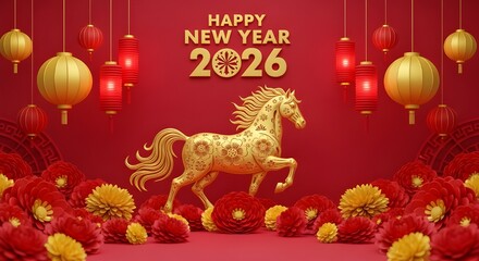 Naklejka premium A vibrant new year 2026 celebration featuring a golden horse traditional lanterns and blooming flowers on a rich red background high quality professional detailed modern