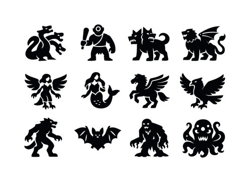 Mythical creatures. Solid icon set of legendary monsters: hydra, cyclops, cerberus, manticore, harpy, siren, pegasus, roc bird, werewolf,
