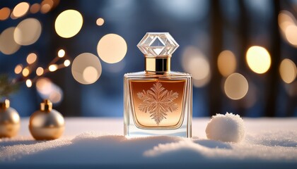 Luxury Perfume Bottle Displayed In A Festive Winter Wonderland Setting With Bokeh Lights