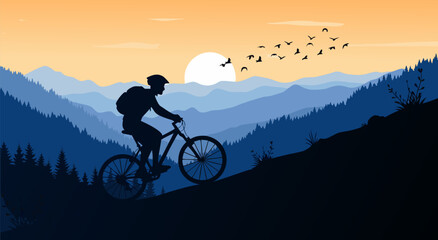 Silhouette illustration of a mountain biker riding uphill against a vibrant sunset in a scenic mountain range, vector art © PDWN Creative