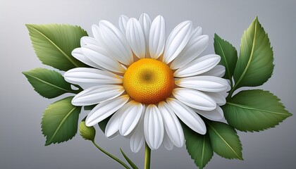 Cartoon Illustration Of A White Daisy With A Yellow Center And Green Leaf On A Gray Background