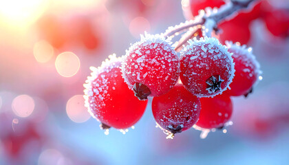 Vibrant red berries, heavily frosted with sparkling ice crystals, cling to a delicate winter branch, set against a dreamy bokeh background of soft sunlight.