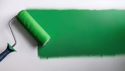 A Roller With Bright Green Paint Painting A White Wall With A Lot Of A Blank Space On The Side For Any Texts