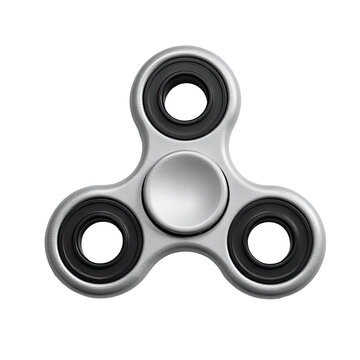 A close-up shot of a fidget spinner with two black spinners and one silver, great for showcasing small details or highlighting office supplies