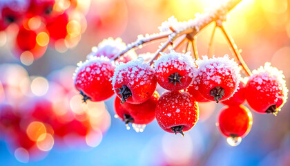 Vibrant red berries covered in delicate frost sparkle under the warm glow of the rising sun, creating a beautiful winter scene with a soft bokeh background.