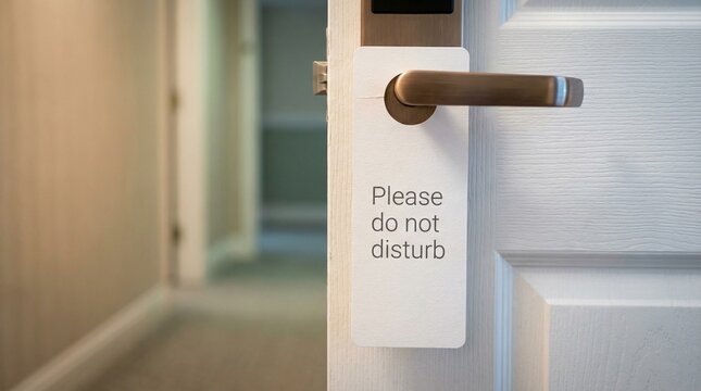 hotel room door, wooden door knob, "please do not disturb" sign, minimalist, realistic, detailed, high resolution
