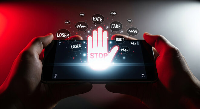 Hands holding smartphone with stop sign and hate speech bubbles