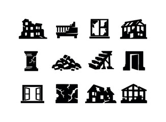 Abandoned Building. Solid icon set of Abandoned Building: ruined building, broken balcony, missing windows, crumbling facade, exposed beams,