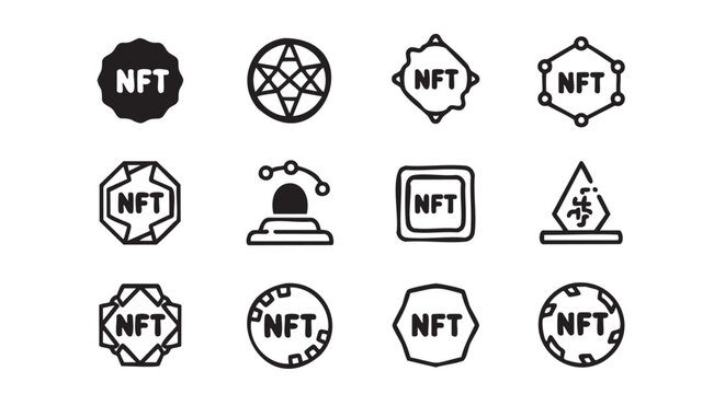 Collection of diverse geometric and thematic NFT icon designs isolated
