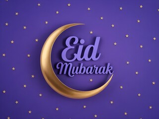 Fototapeta premium Eid Mubarak greeting card with golden crescent moon, 3D purple typography on starry background, elegant Islamic holiday celebration banner