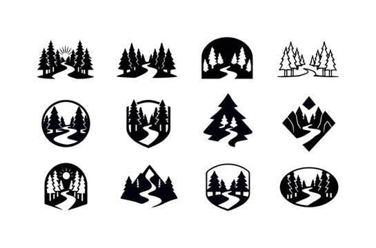 Forest Logo Variations. Forest. Icon set. Set Logo of Forest: path through trees. harmonious logo variations of the same emblematic concept, each