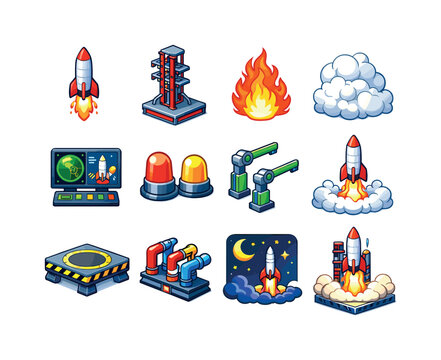 Isometric Rocket Launch Icons. Rocket launch. Colorful isometric vector icons set of rocket launch: rocket ignition, launch pad tower, fire plume, smoke cloud,