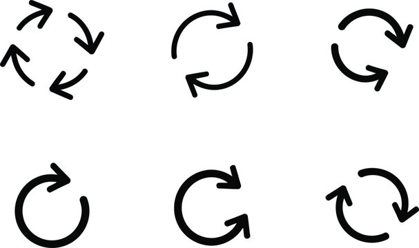Six black circular arrow on white background arrows refresh reload