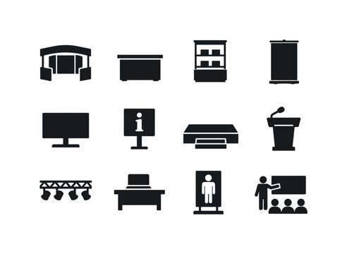 Trade Show Icons. Trade Show Display. Solid icon set of Trade Show Display: expo booth, display counter, product showcase, promotional banner, LED screen,