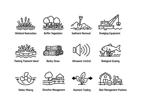 Mitigation techniques. Line icon set of Mitigation techniques: wetland restoration, buffer vegetation, sediment removal, dredging equipment,