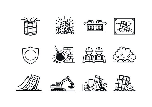 Demolition Line Icon Set. Controlled Demolition. Line icon set of Controlled Demolition: demolition charges, imploding building, explosion countdown,