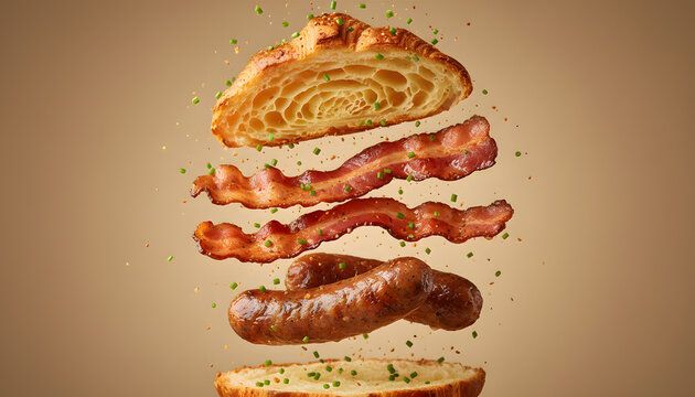 Exploding breakfast croissant sandwich with bacon and sausages