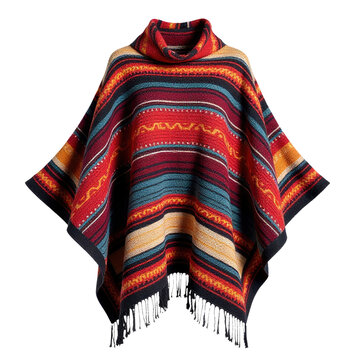 A colorful poncho with fringes on a white background, suitable for fashion or textile design