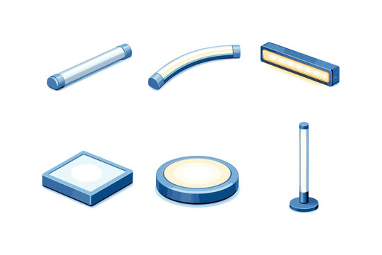 LED light tube. Isometric flat vector icons set of LED light tube: straight LED tube, curved LED light bar, wall-mounted LED strip, ceiling