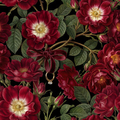 Seamless vector pattern with red roses and engagement ring isolated on a changeable background. Vintage style illustration.
