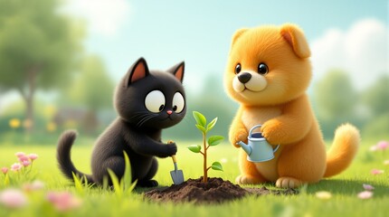 Cute Cat and Dog Planting a Tree Together in a Green Garden