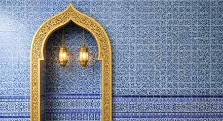 A majestic golden archway framed by a stunning blue tiled wall Vector