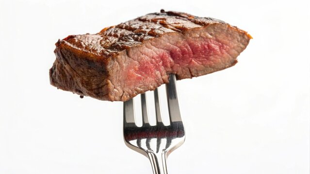 medium-rare steak with a tender pink center and caramelized brown crust hangs from a shiny metallic fork against