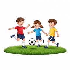 Children with joyful mood kicking soccer ball on grassy field illustration