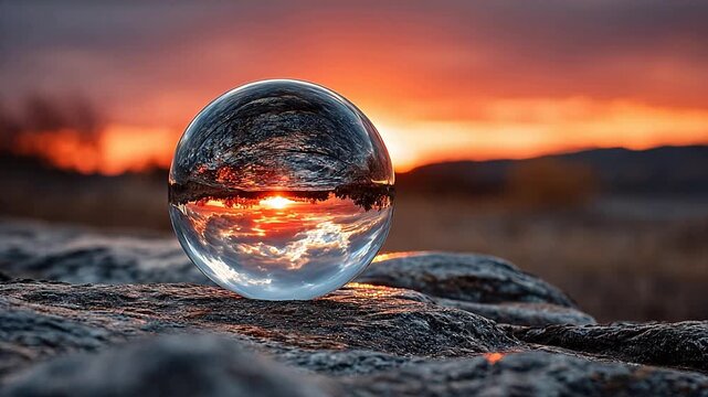 Glass sphere reflecting sunset on rock