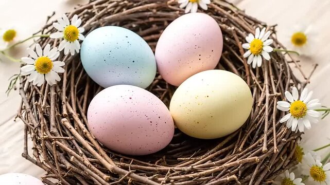 Easter eggs in nest with daisies on a white wooden table