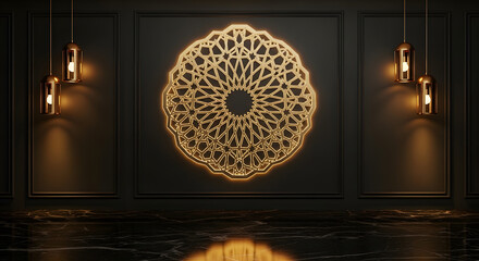 A mesmerizing chandelier with intricate patterns hanging in a dimly lit room. Vector