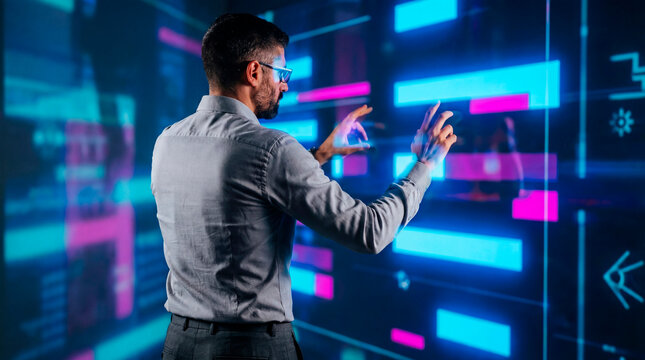 Business operations manager coordinating workflow on an interactive digital control panel