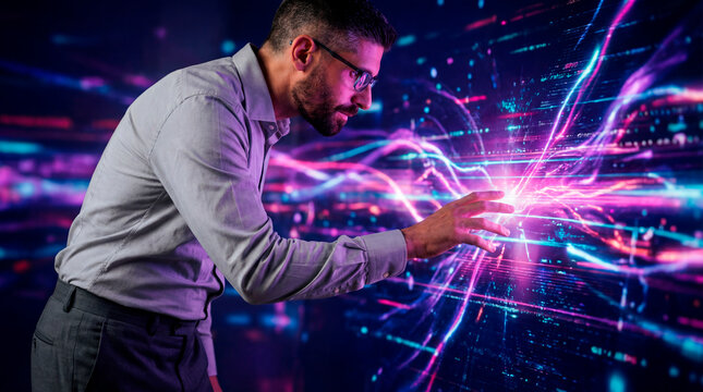 Business strategist analyzing dynamic market data through an interactive digital display