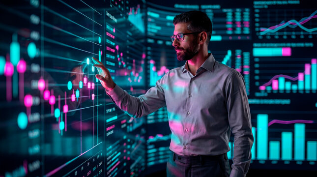 Business analyst reviewing financial performance data on an interactive dashboard
